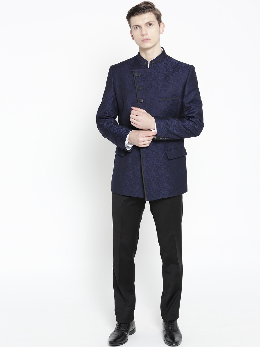 

SUITSMITH Men Navy Blue & Black Self-Design Slim True Italian Fit Bandhgala Suit