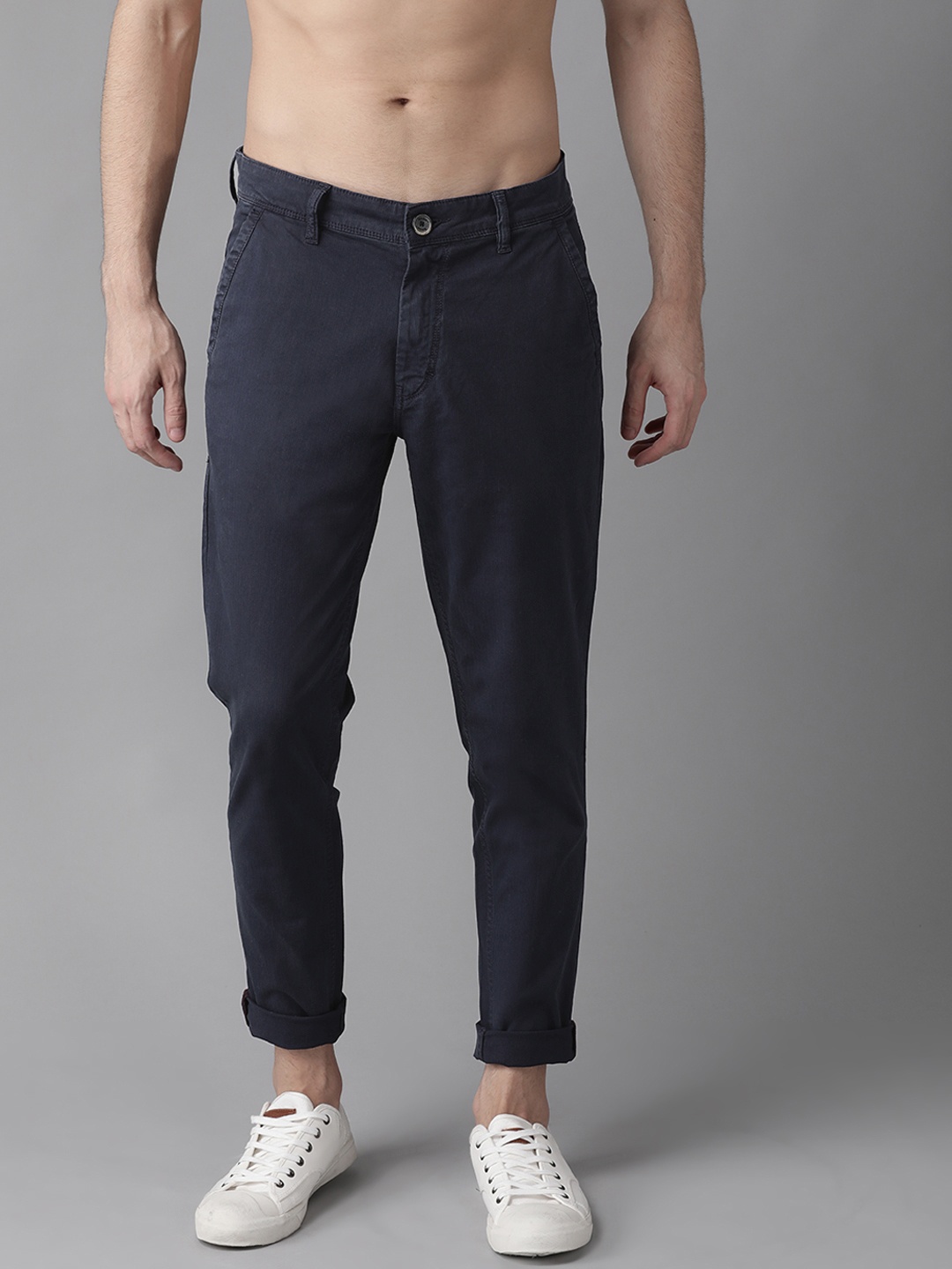 

The Roadster Lifestyle Co Men Navy Blue Regular Fit Self-Striped Trousers