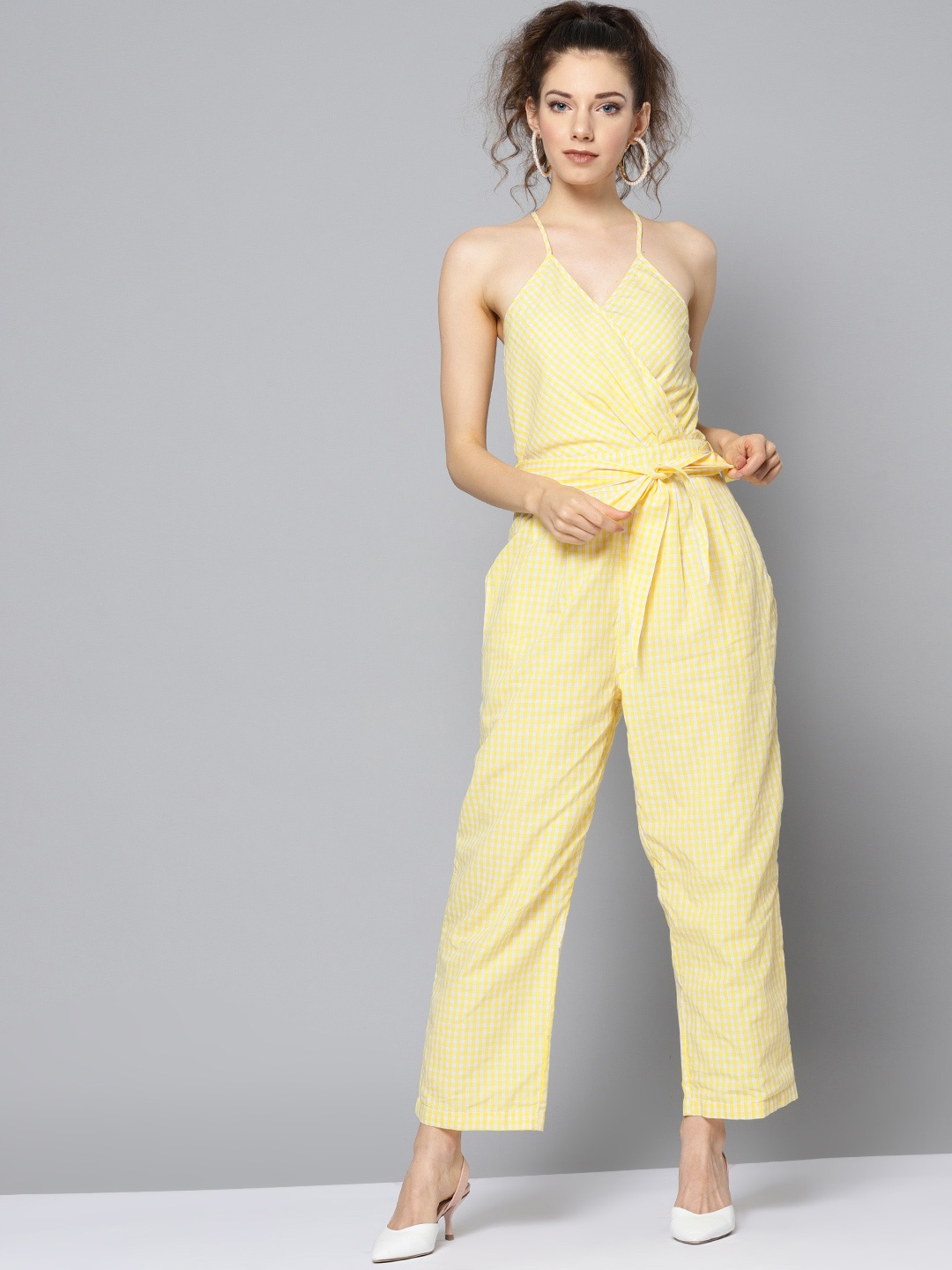 

STREET 9 Women Yellow & White Checked Basic Jumpsuit