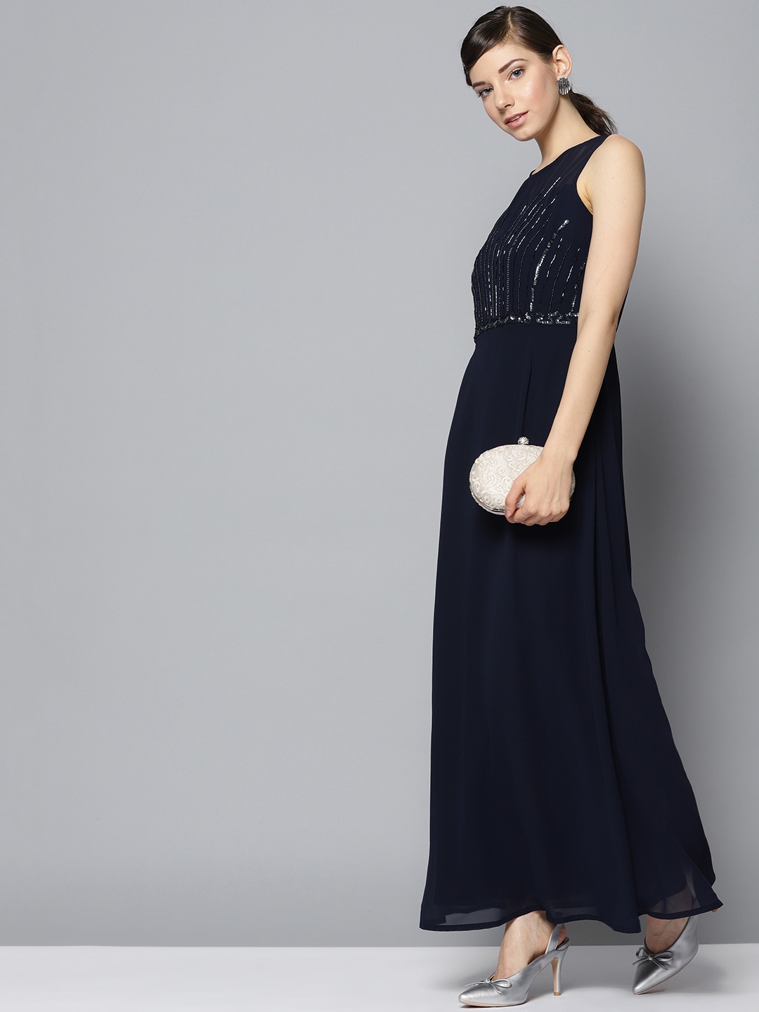 

STREET 9 Women Navy Blue Embellished Detail Maxi Dress