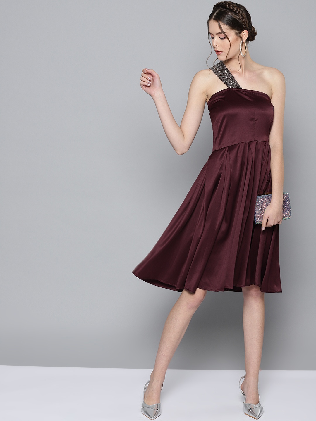 

STREET 9 Women Burgundy Solid One-Shoulder Fit & Flare Dress