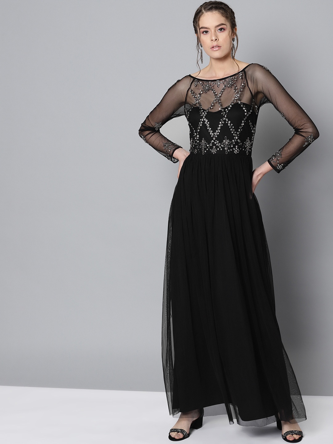 

STREET 9 Women Black Embellished Net Semi Sheer Maxi Dress