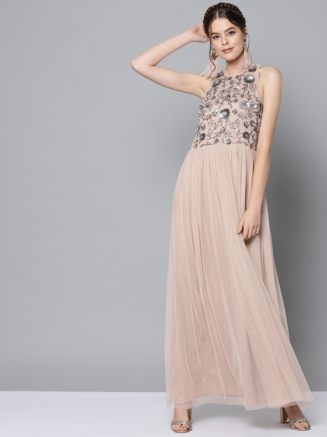 

STREET 9 Women Beige Embellished Net Maxi Dress