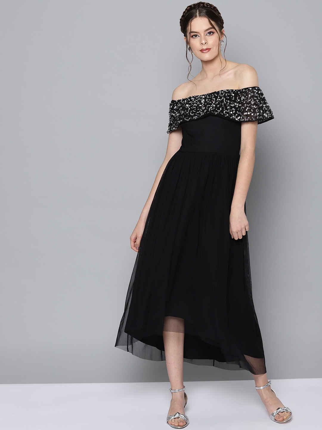 

STREET 9 Women Black Solid Net Maxi Dress