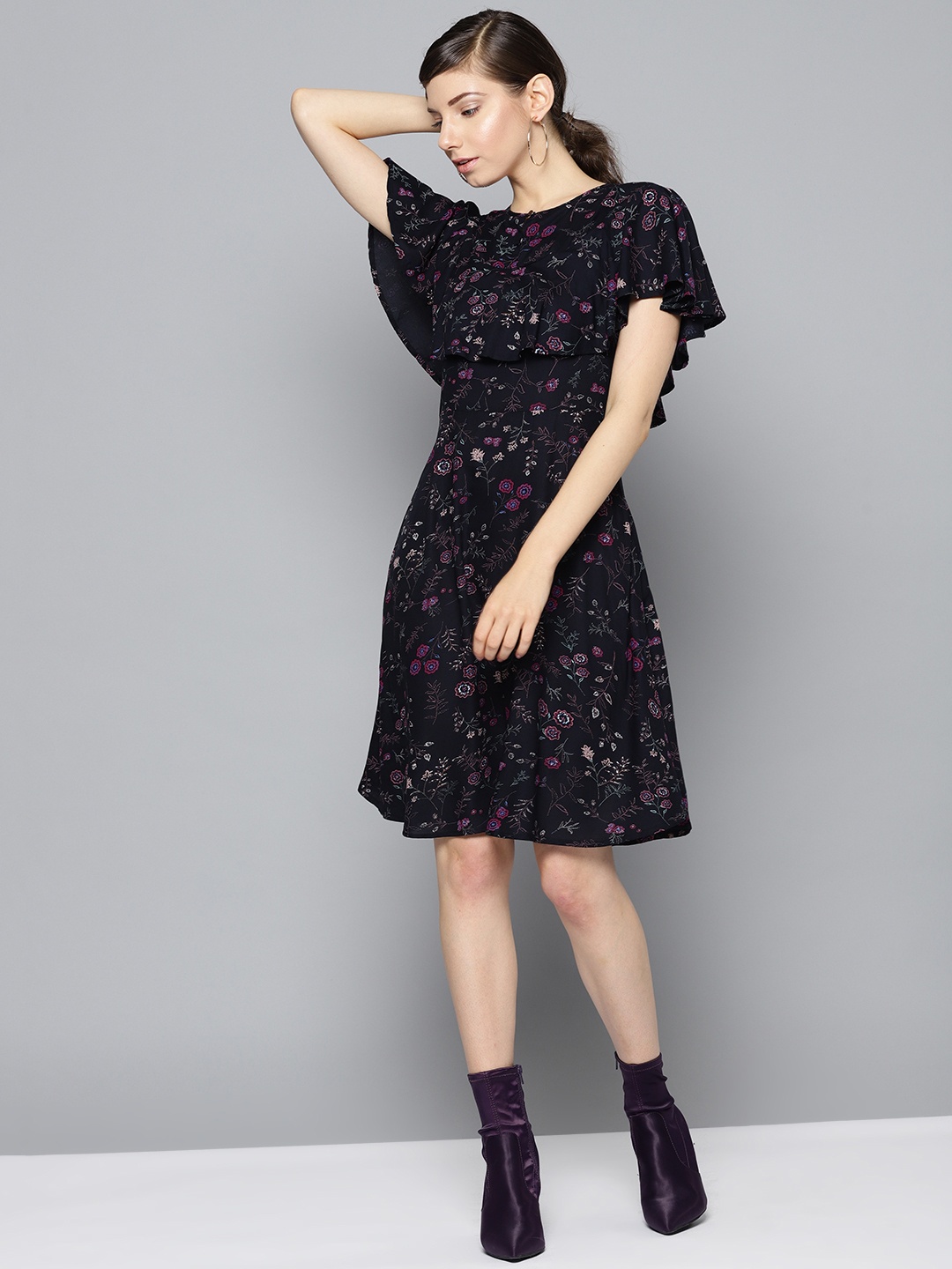 

STREET 9 Women Navy Blue & Pink Printed Fit and Flare Dress