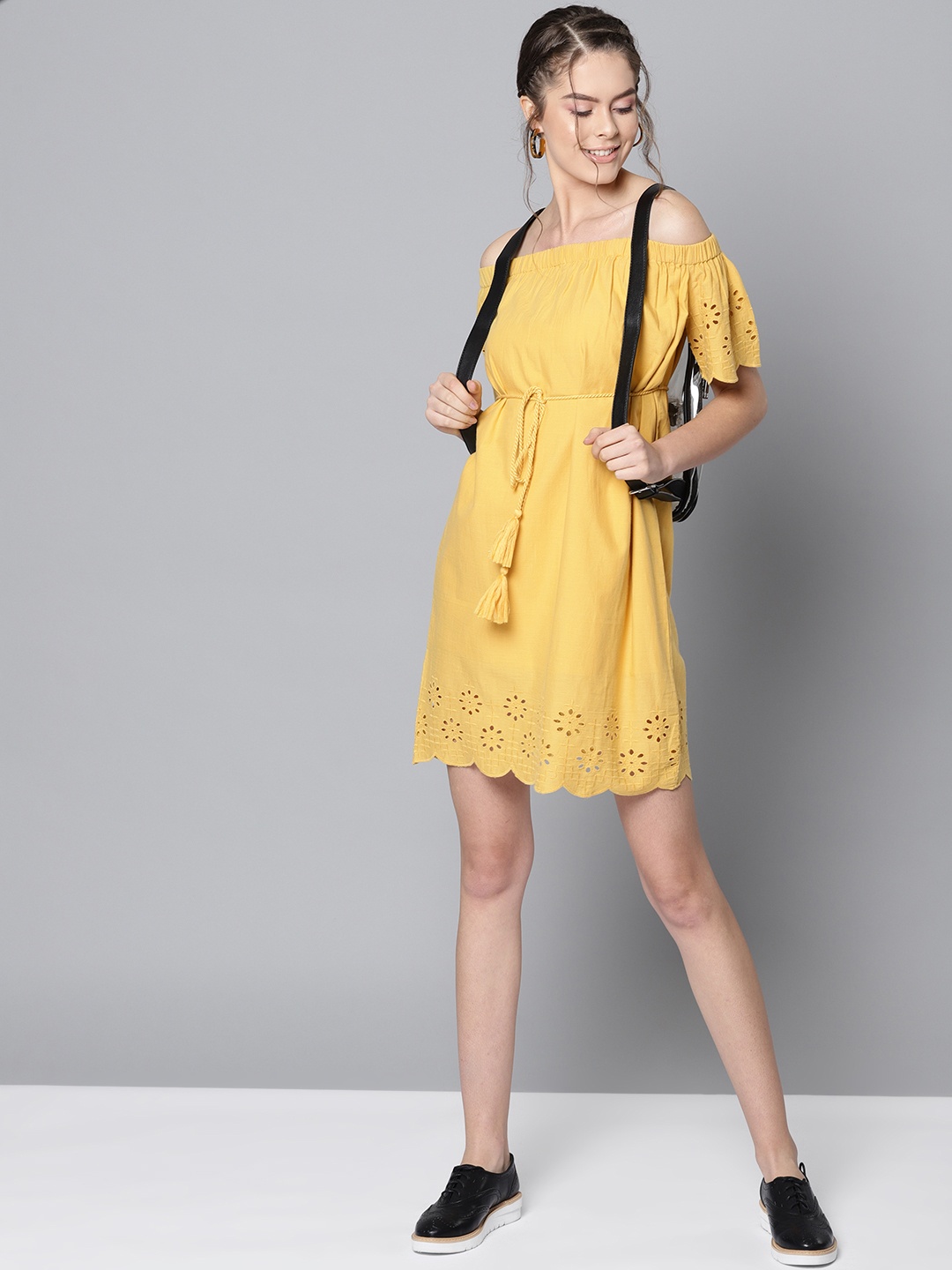 

STREET 9 Women Mustard Yellow Schiflli Embroidered Detail Off-Shoulder Shift Dress
