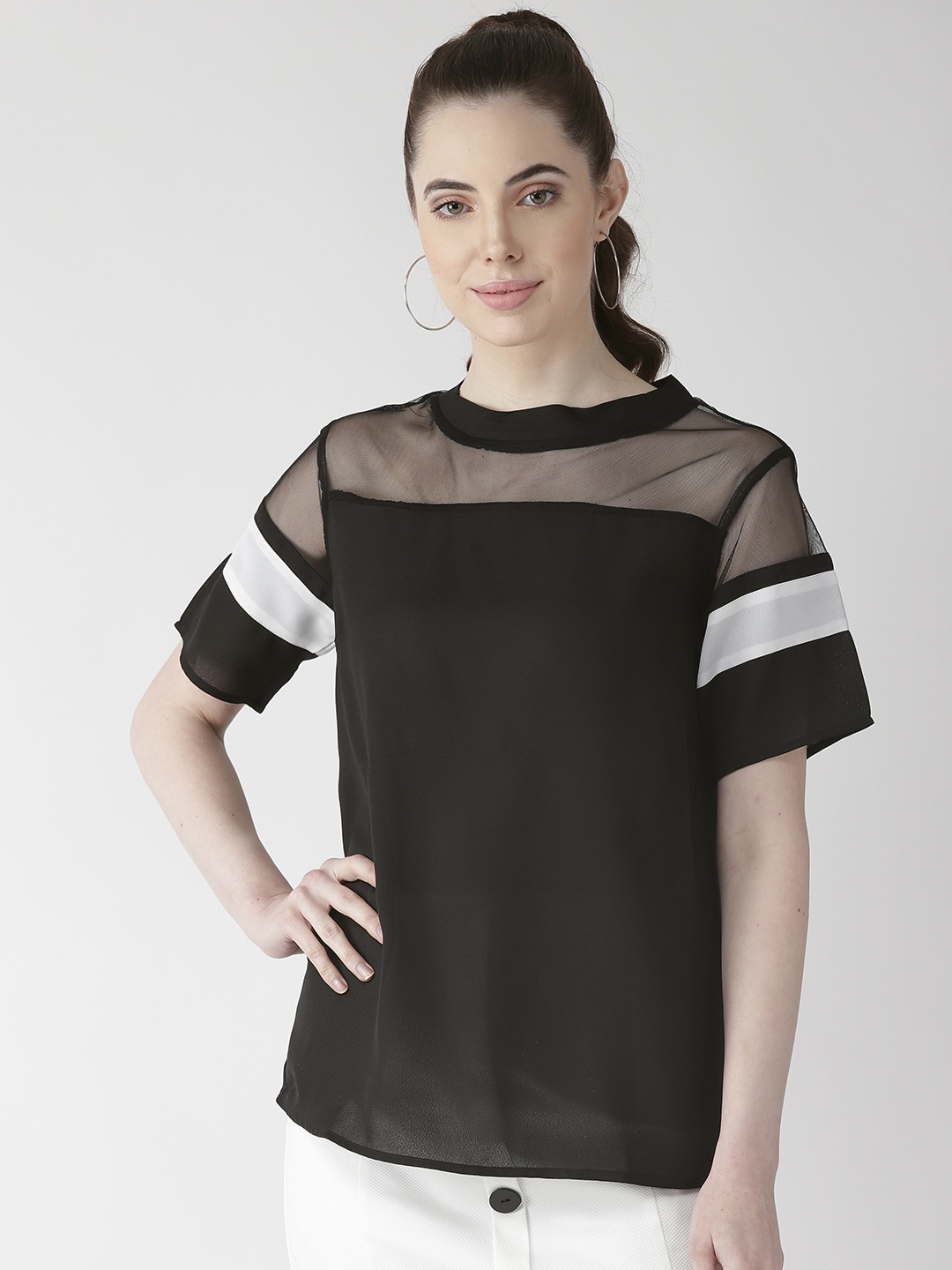 

plusS Women Black Solid Semi-Sheer Top