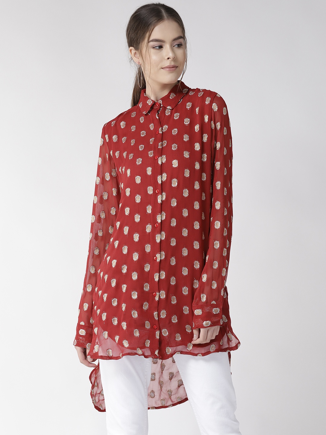 

Antheaa Women Rust Red & Golden Regular Fit Self Design Longline Shirt