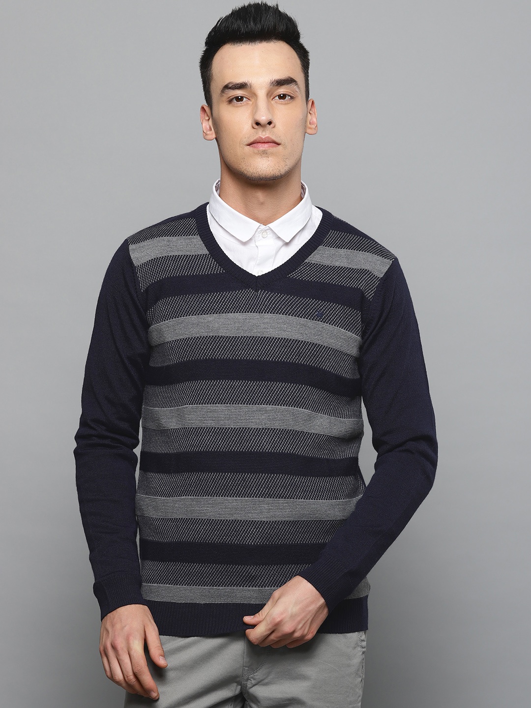 

Louis Philippe Men Navy Blue & Grey Striped Sweater