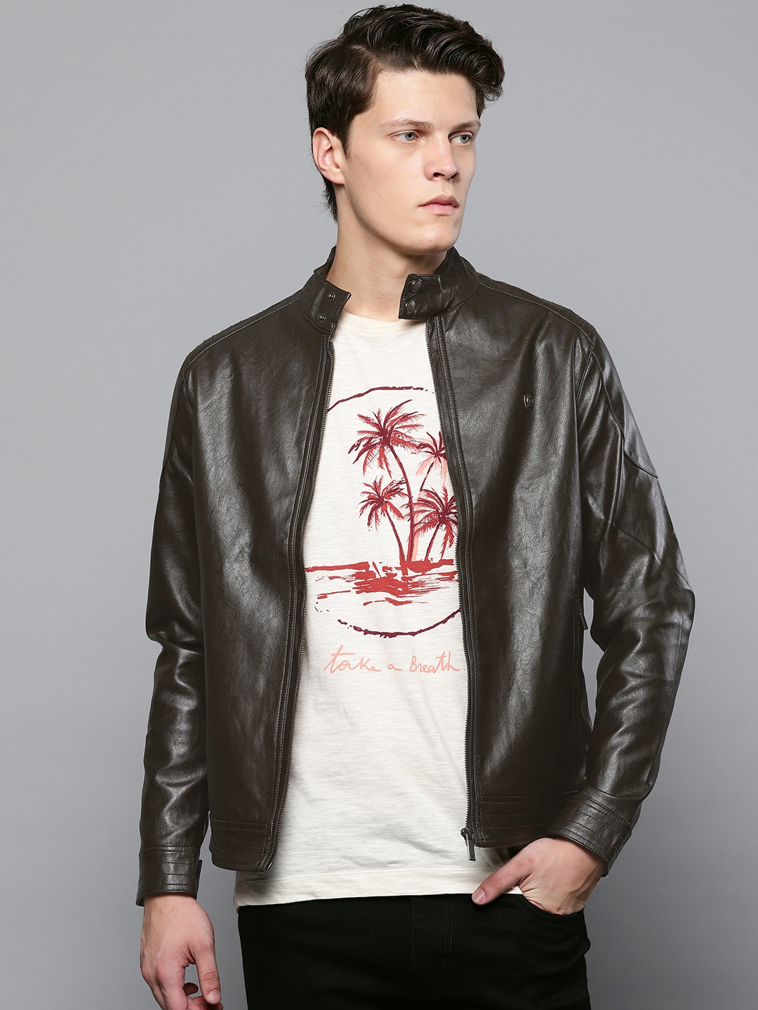 

Louis Philippe Men Black Solid Biker Jacket