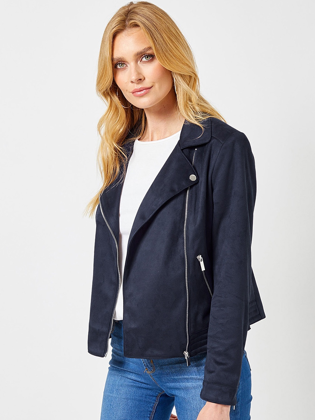 

DOROTHY PERKINS Women Navy Blue Solid Biker Jacket