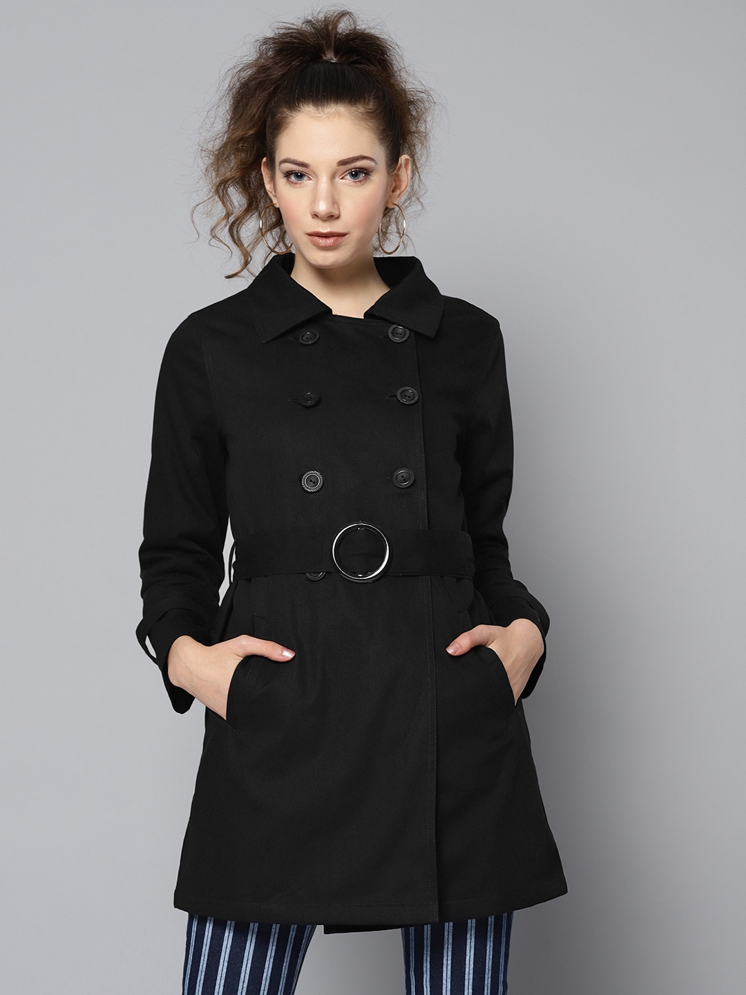 

STREET 9 Women Black Solid Double Breasted Trench Coat