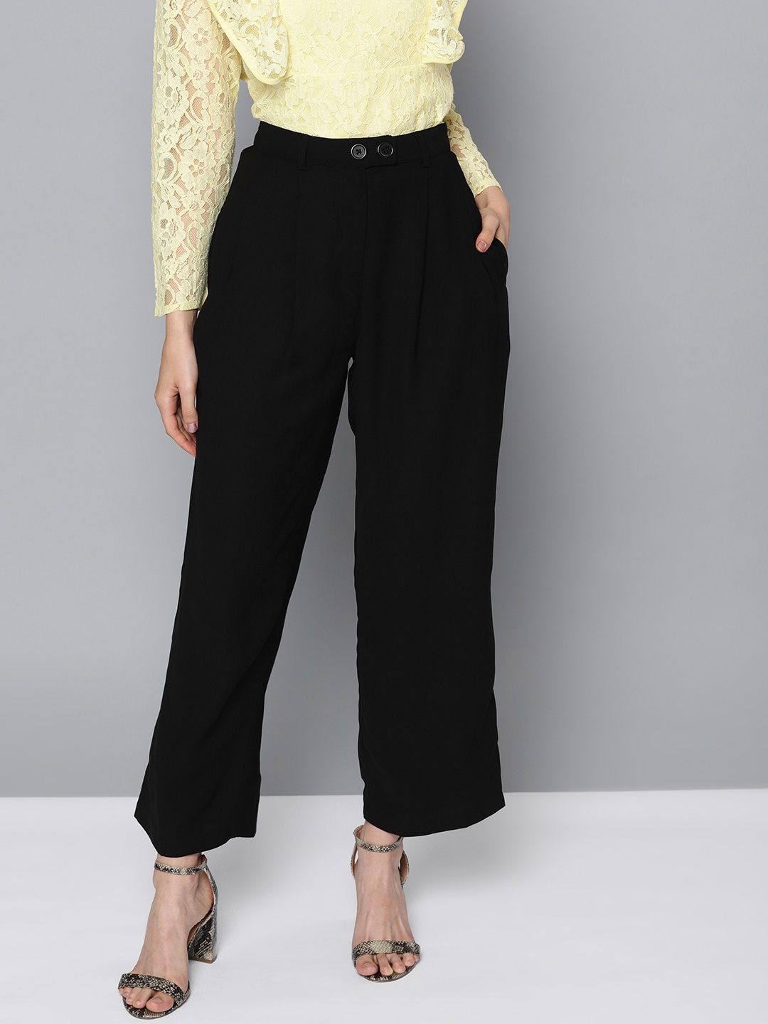 

STREET 9 Women Black Regular Fit Solid Parallel Trousers