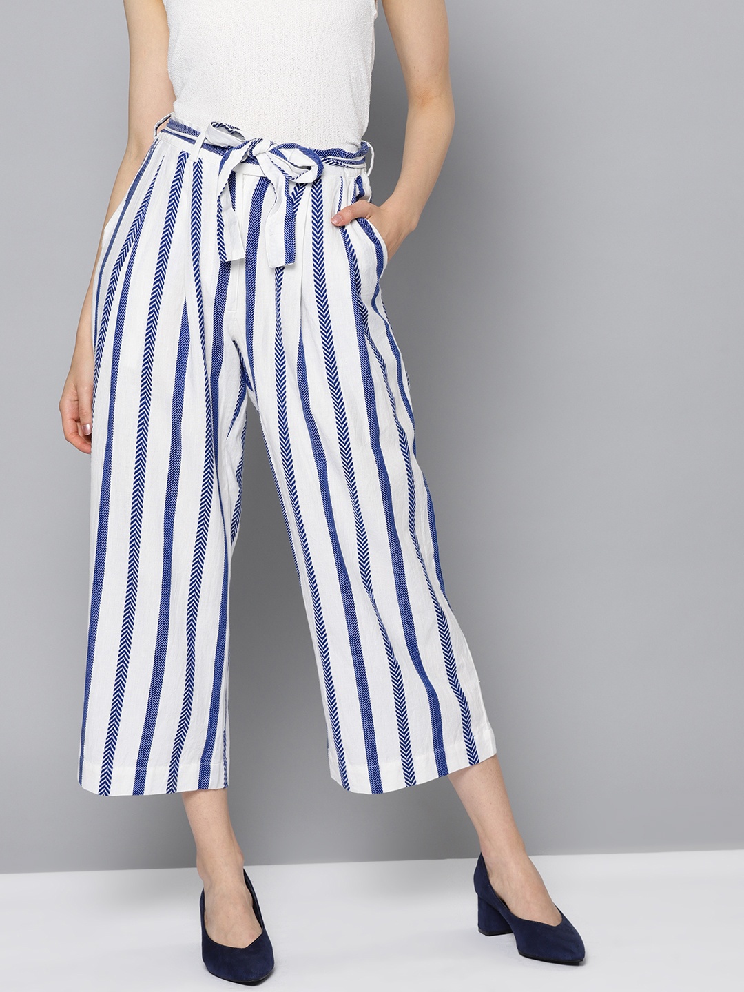 

STREET 9 Women White & Blue Loose Fit Striped Culottes