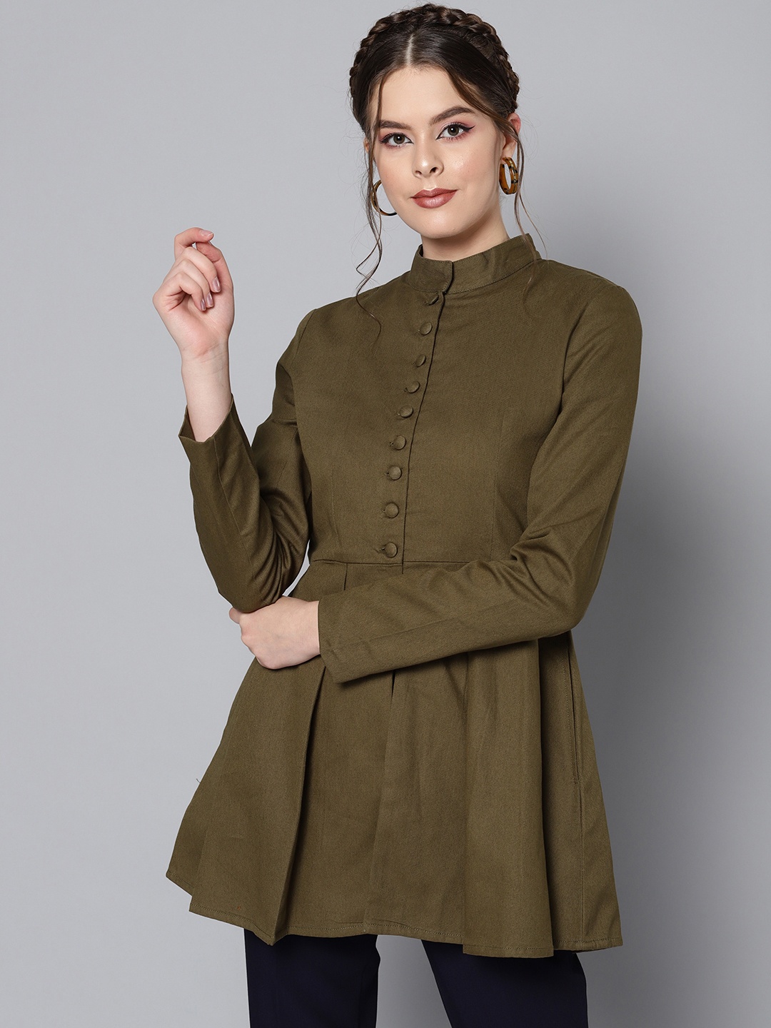 

STREET 9 Women Olive Green Peplum Solid Tailored Jacket