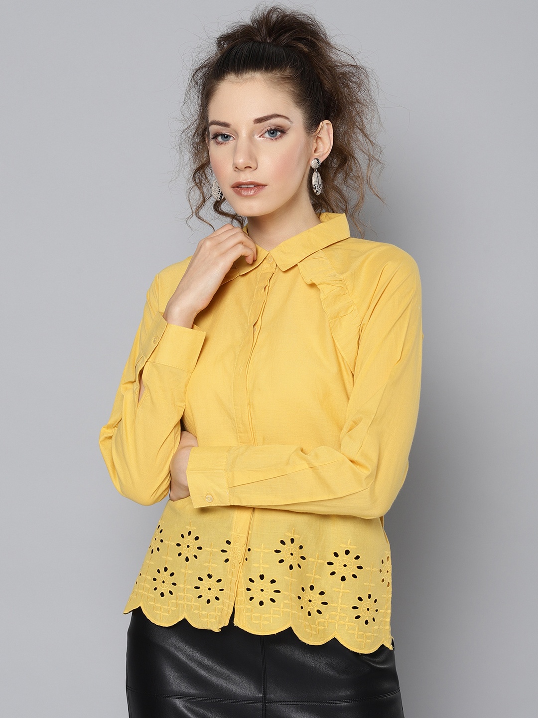 

STREET 9 Women Mustard Yellow Schiffli Embroidered Detail Casual Shirt