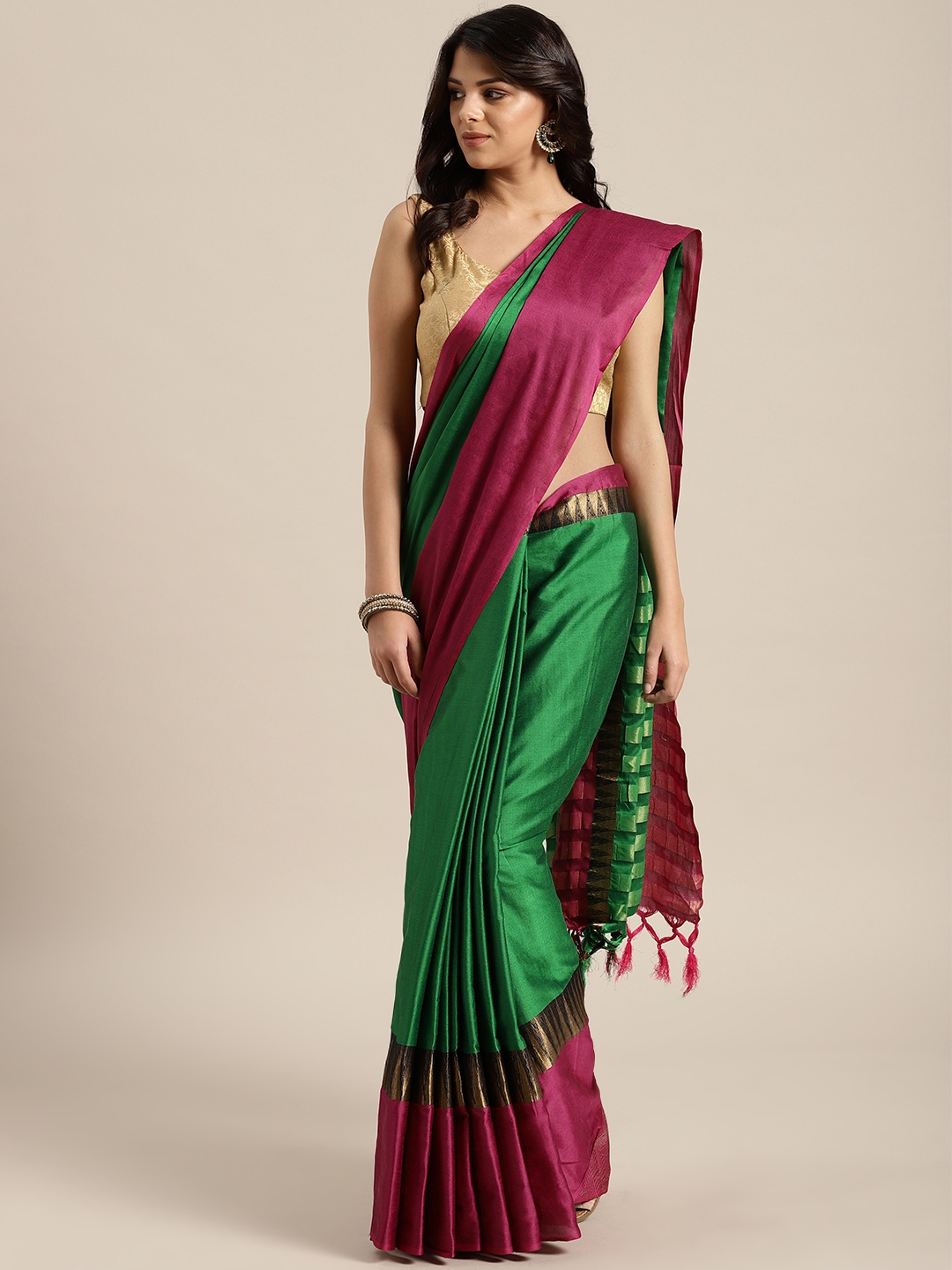

Saree mall Green & Magenta Solid Saree