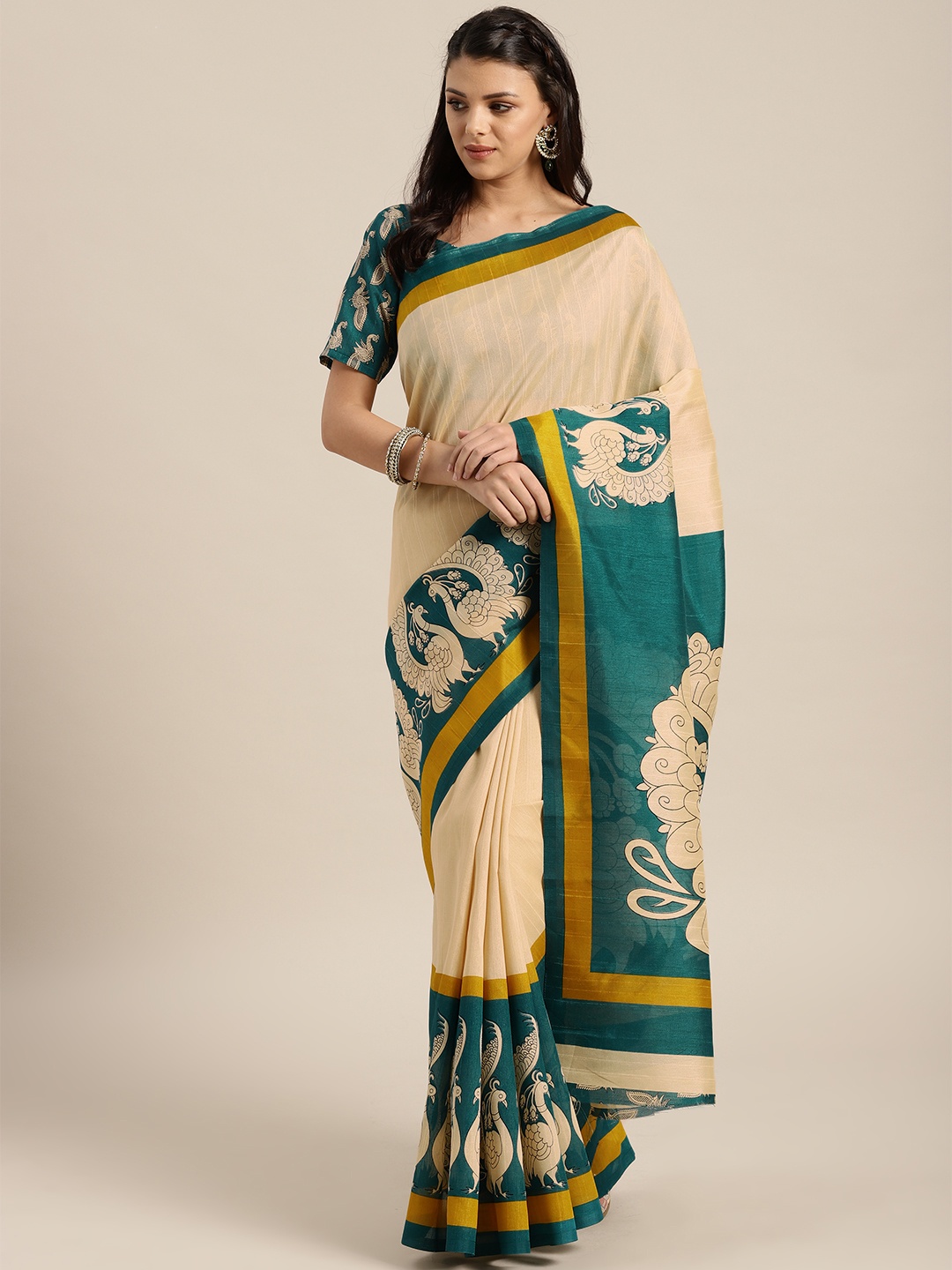 

Saree mall Beige & Green Solid Bhagalpuri Saree
