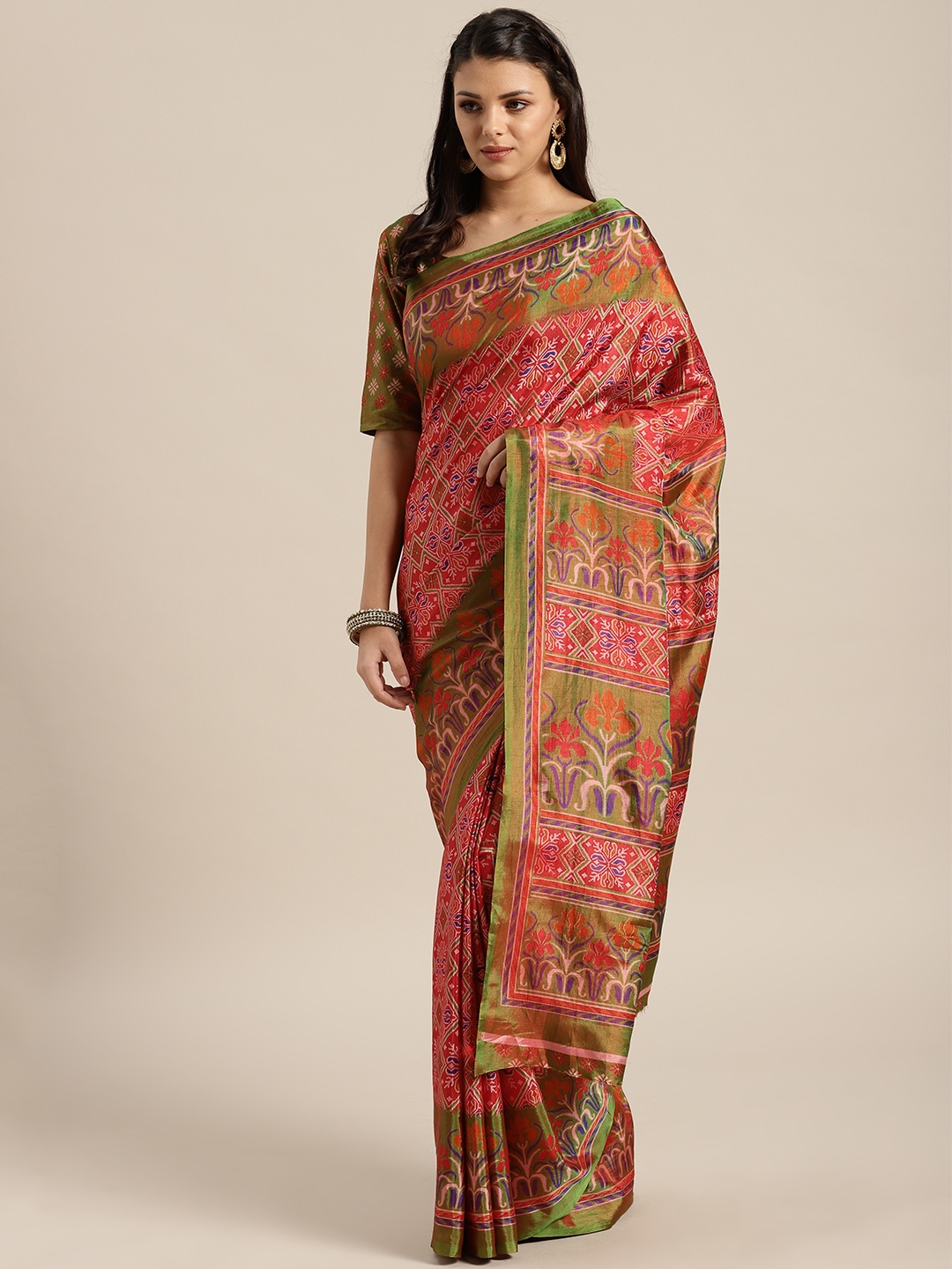 

Saree mall Red & Green Printed Saree