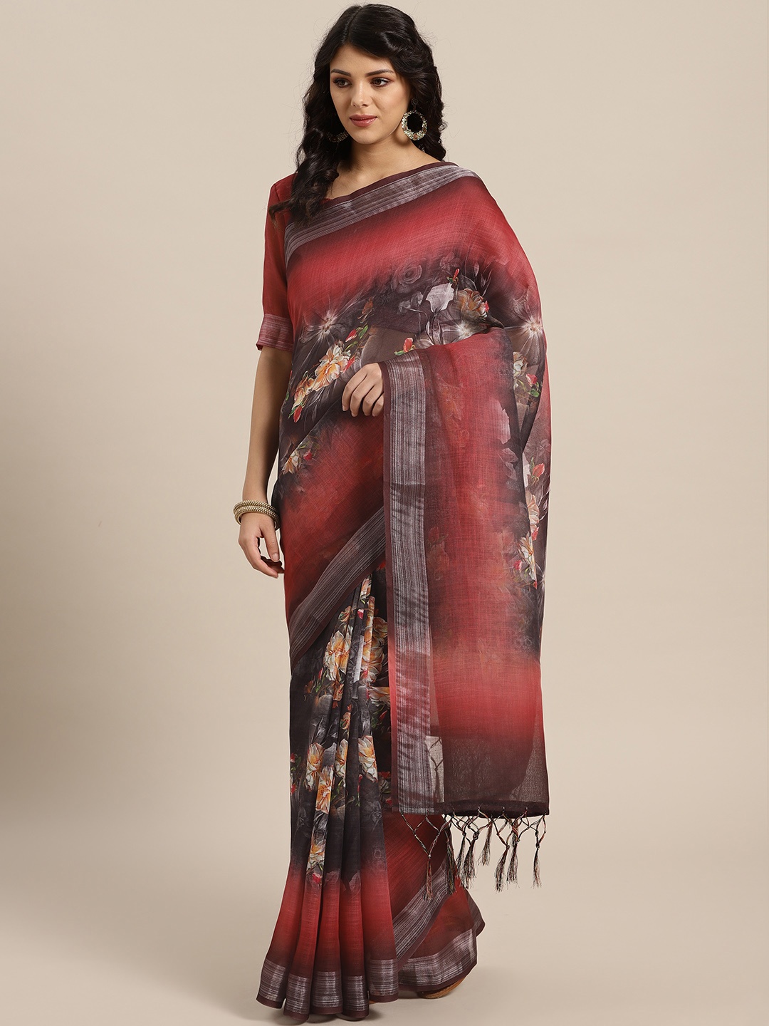 

Saree mall Charcoal Grey & Rust Red Printed Saree