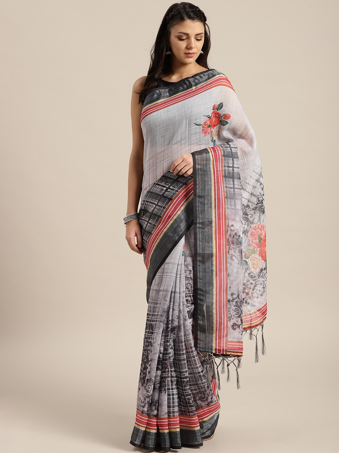 

Saree mall Grey & Rust Red Printed Saree