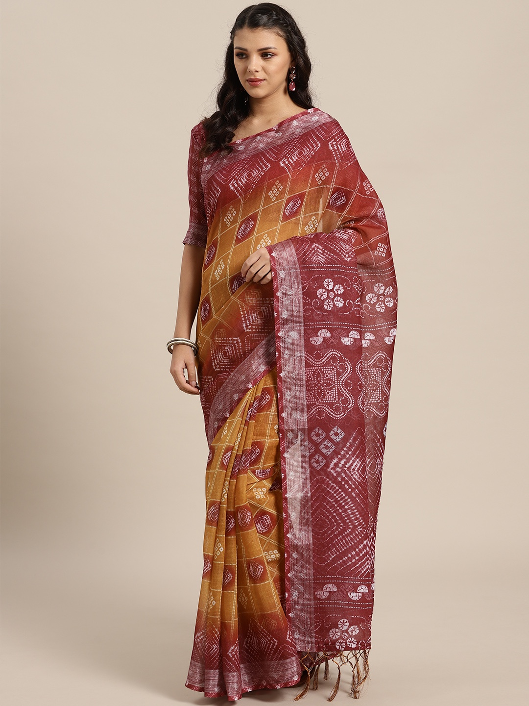 

Saree mall Mustard Yellow & Maroon Bandhani Print Saree