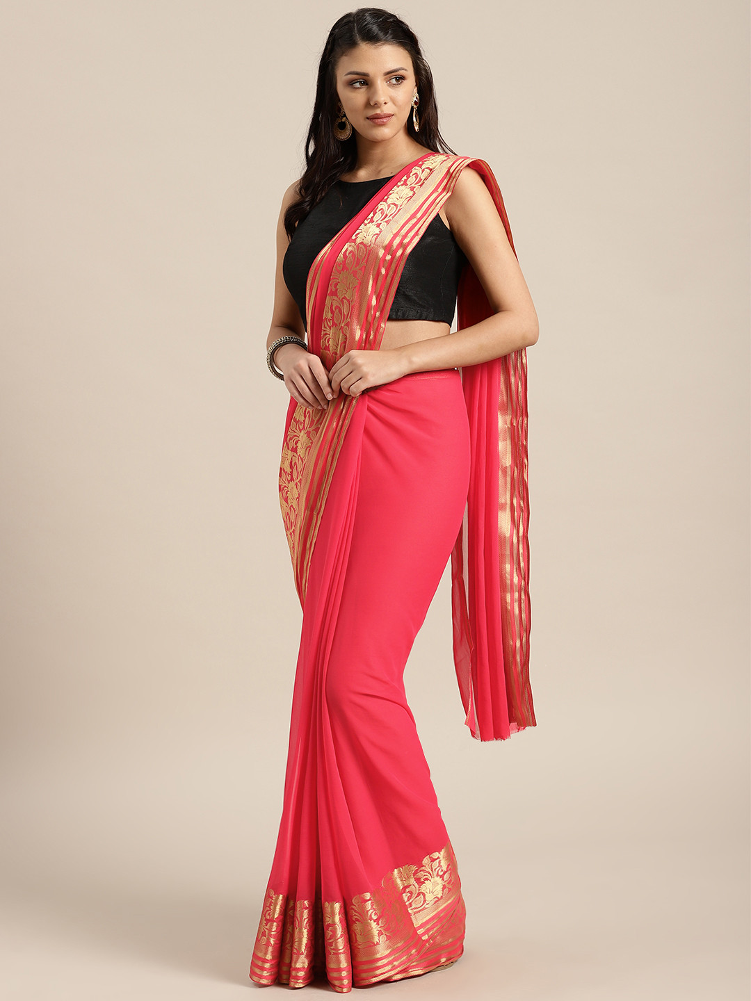 

Saree mall Peach-Coloured Solid Saree