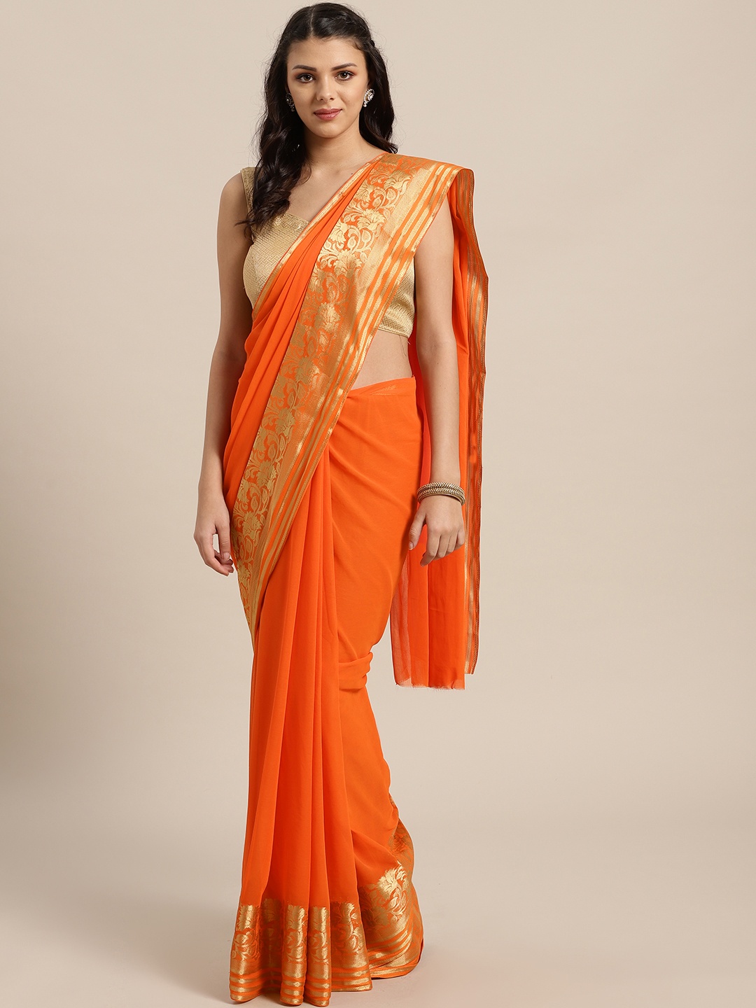 

Saree mall Orange & Golden Solid Saree