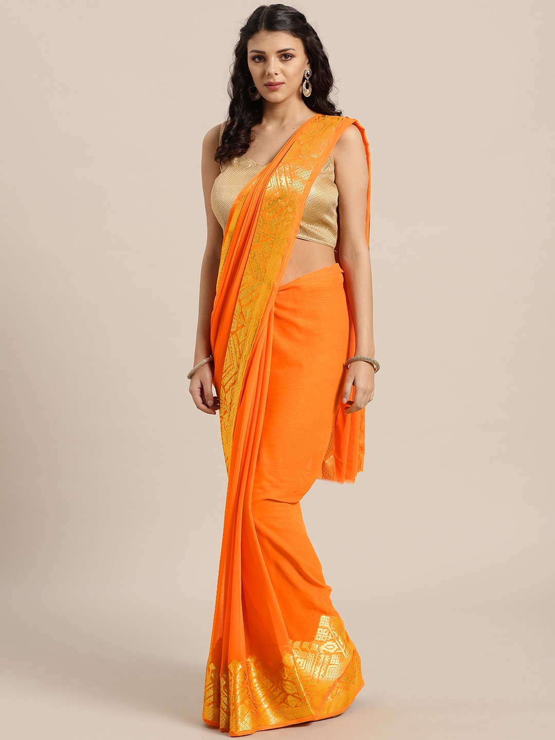 

Saree mall Orange & Golden Solid Saree