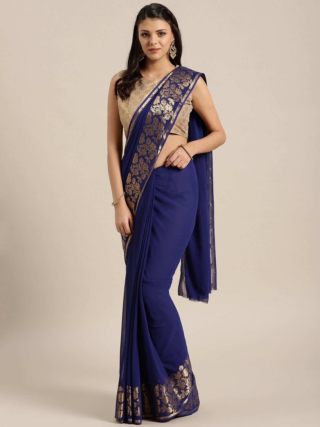 

Saree mall Navy Blue Solid Saree
