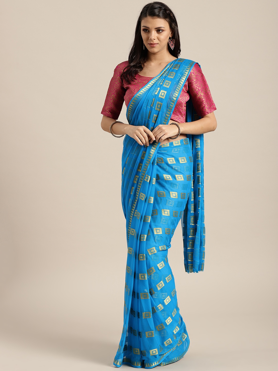 

Saree mall Blue & Golden Woven Design Saree