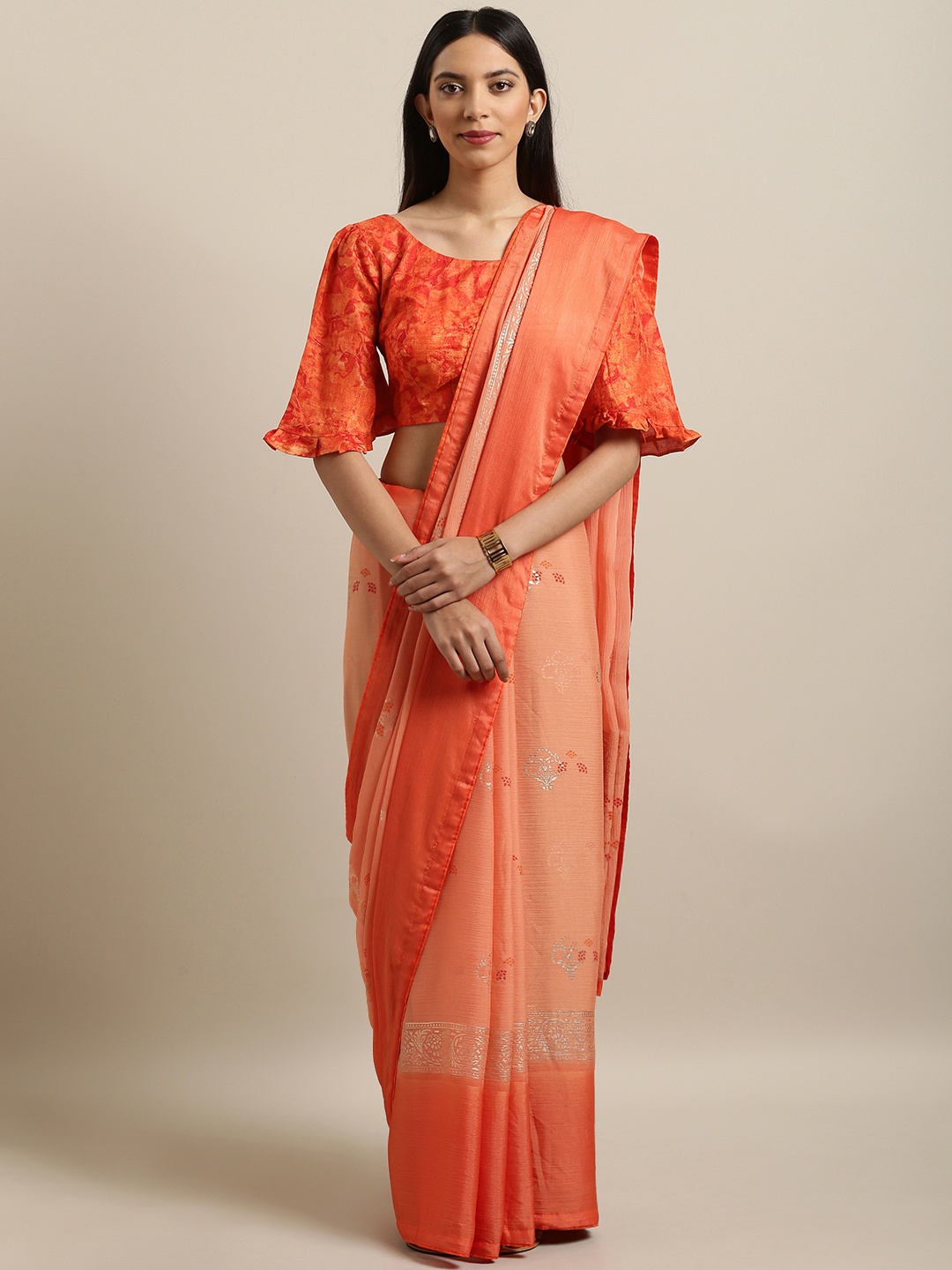 

Kvsfab Orange Printed Poly Chiffon Saree