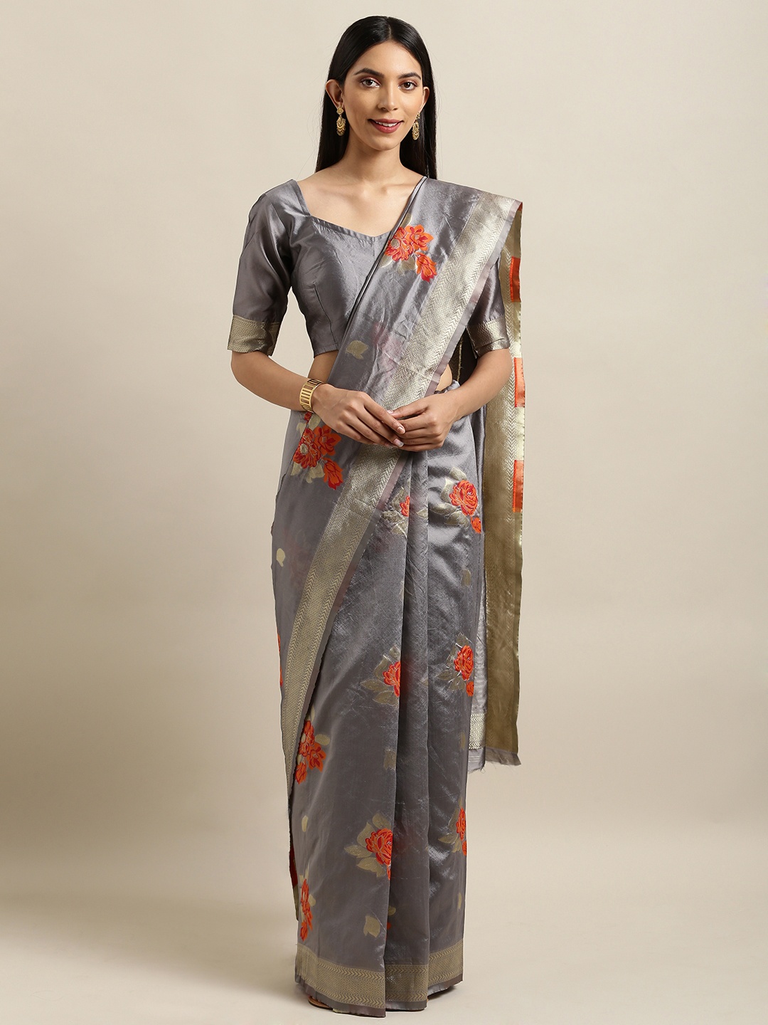 

Kvsfab Grey & Orange Silk Cotton Woven Design Saree