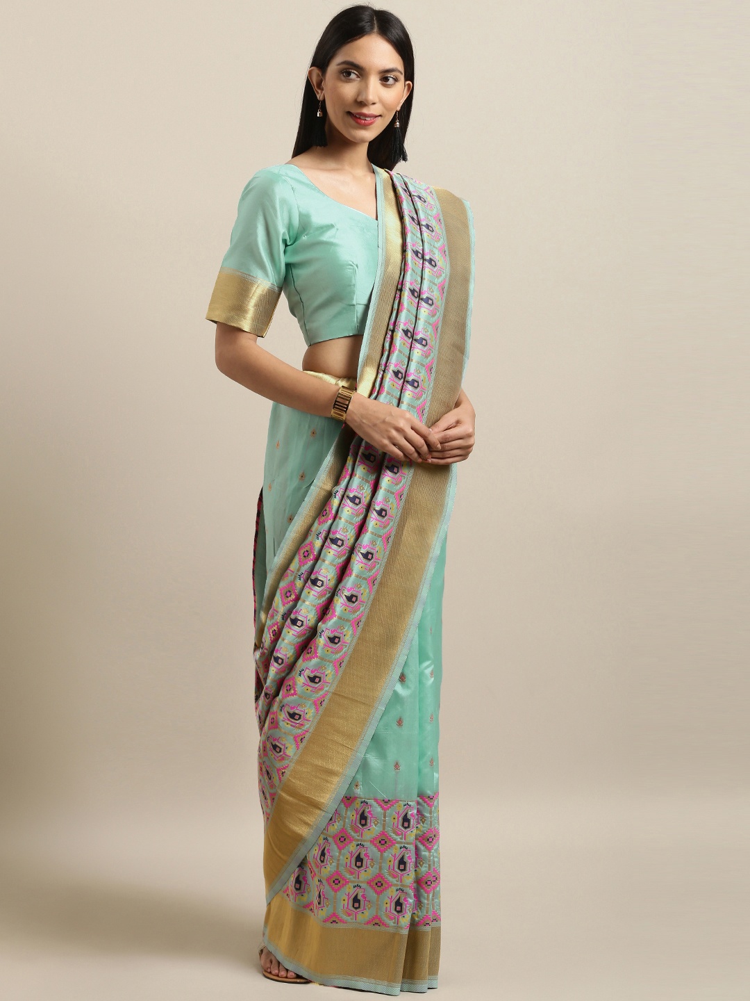 

Kvsfab Mint Green & Pink Silk Blend Woven Design Saree