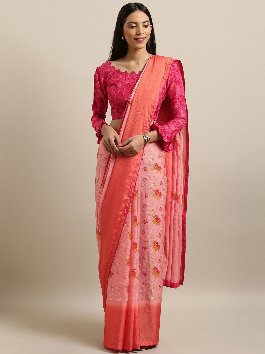 

Kvsfab Peach-Coloured Printed Poly Chiffon Saree