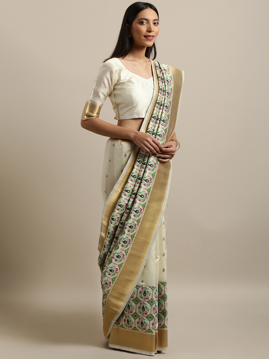 

Kvsfab Cream-Coloured Woven Design Silk Blend Saree