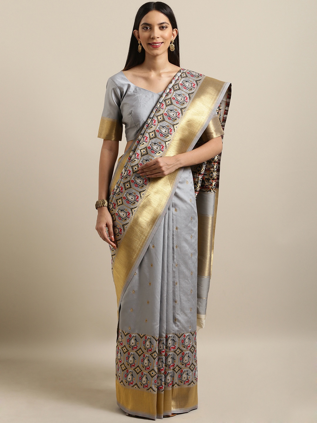 

Kvsfab Grey & Gold-Toned Silk Blend Woven Design Saree