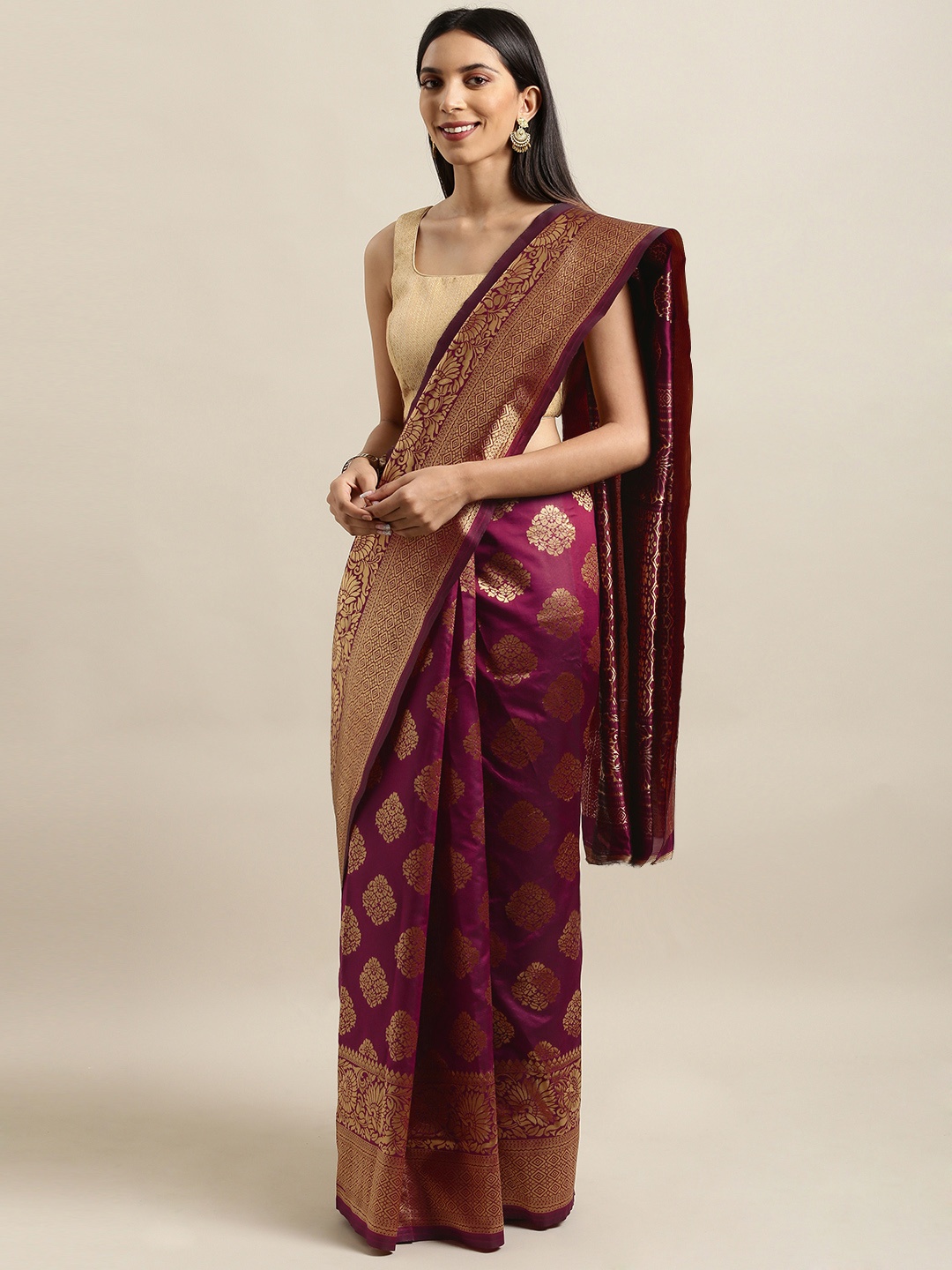 

Mitera Burgundy & Gold-Toned Art Silk Woven Design Banarasi Saree