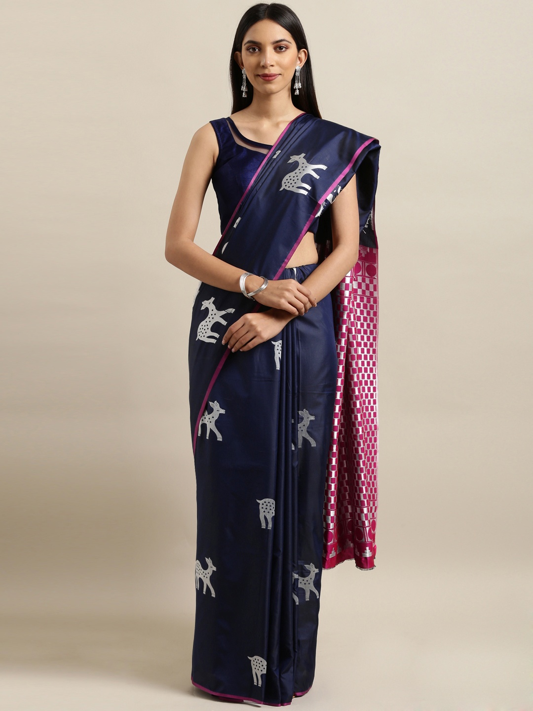 

Mitera Navy Blue & Navy Blue Art Silk Woven Design Banarasi Saree