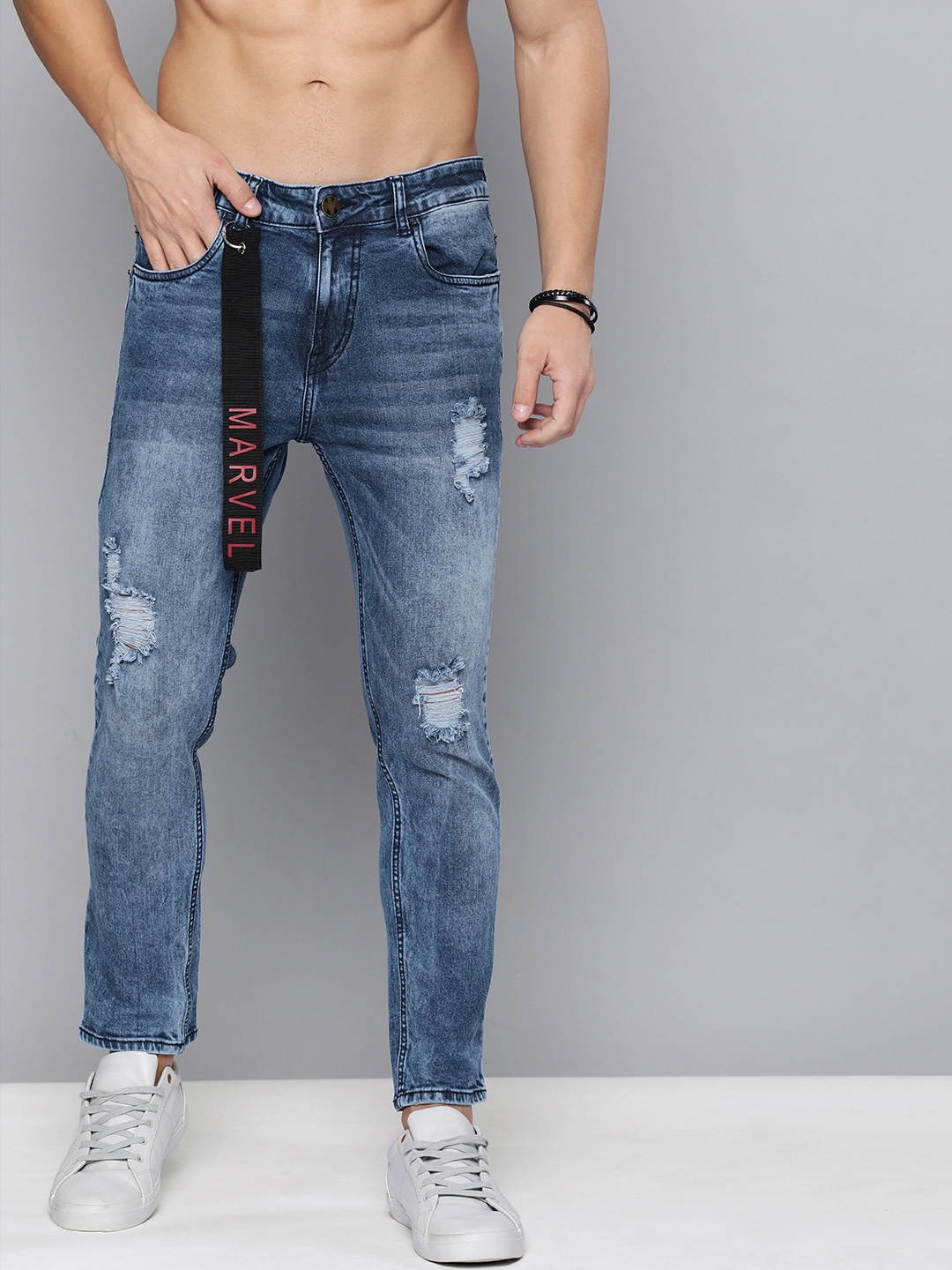 

Kook N Keech Marvel Men Blue Skinny Fit Mid-Rise Highly Distressed Stretchable Jeans