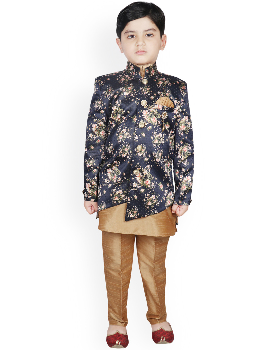 

SG YUVRAJ Boys Gold-Coloured & Navy Blue Floral Printed Kurta with Trousers & Jacket