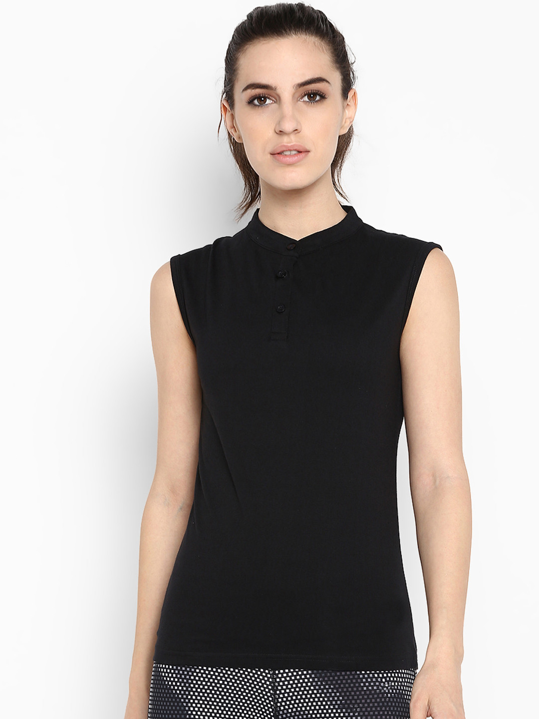 

appulse Women Black Solid Mandarin Collar T-shirt
