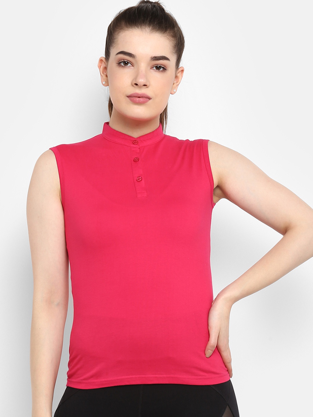 

appulse Women Coral Pink Solid Mandarin Collar T-shirt