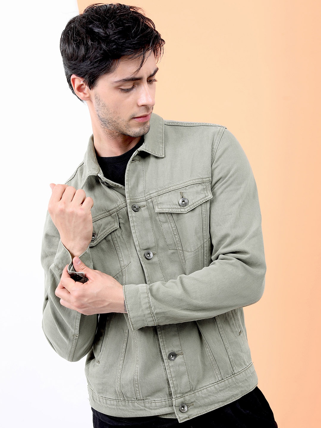 

LOCOMOTIVE Men Olive Green Solid Denim Jacket