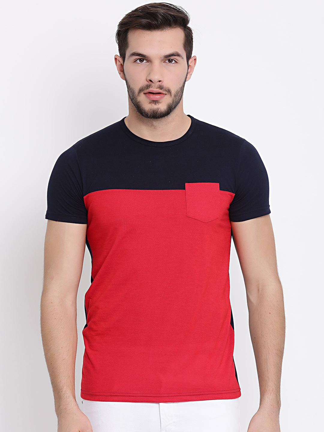 

VIMAL JONNEY Men Red & Navy Blue Colourblocked Round Neck T-shirt