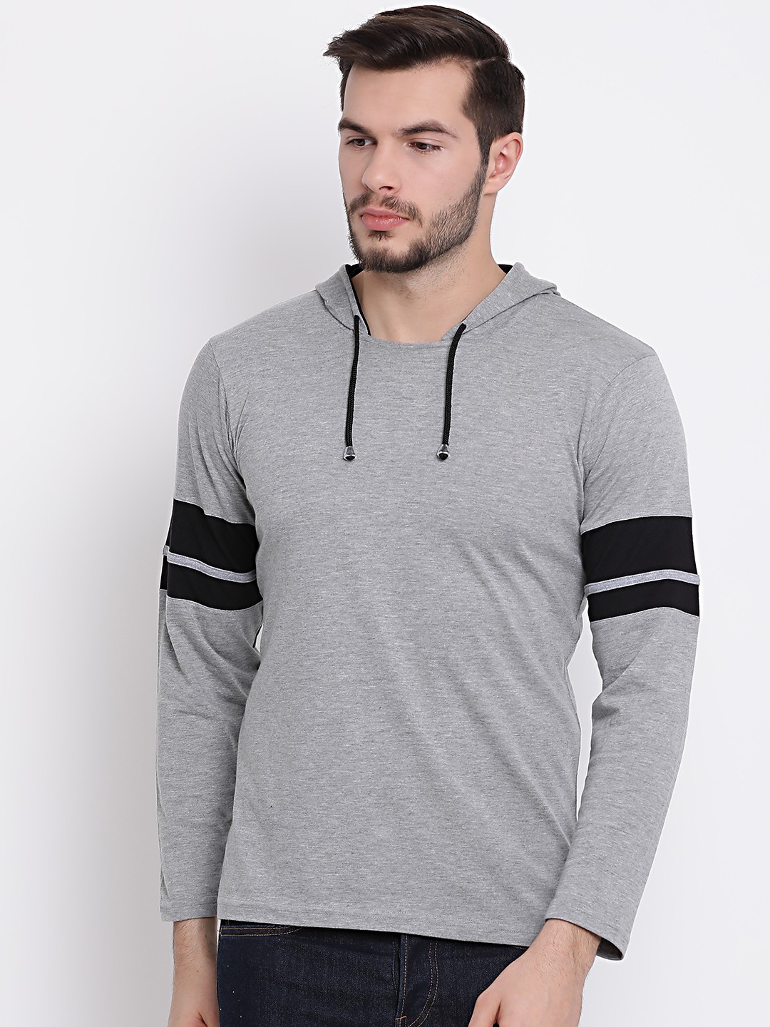 

VIMAL JONNEY Men Grey Striped Hood T-shirt