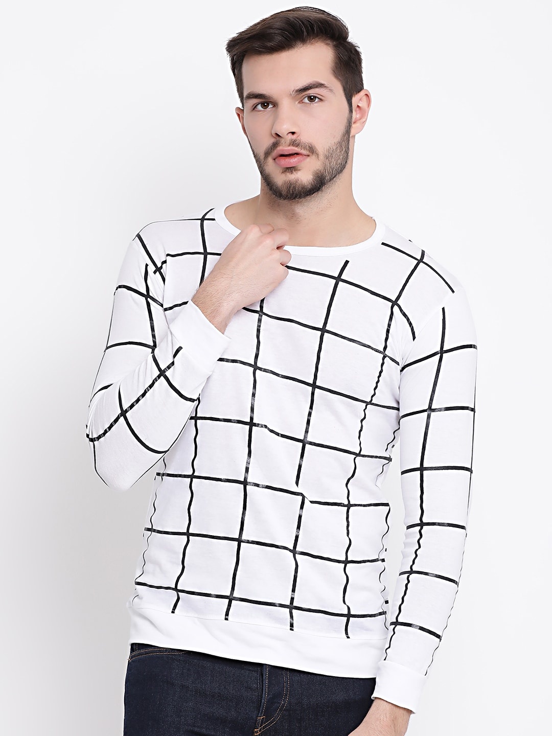 

VIMAL JONNEY Men White Checked Round Neck T-shirt