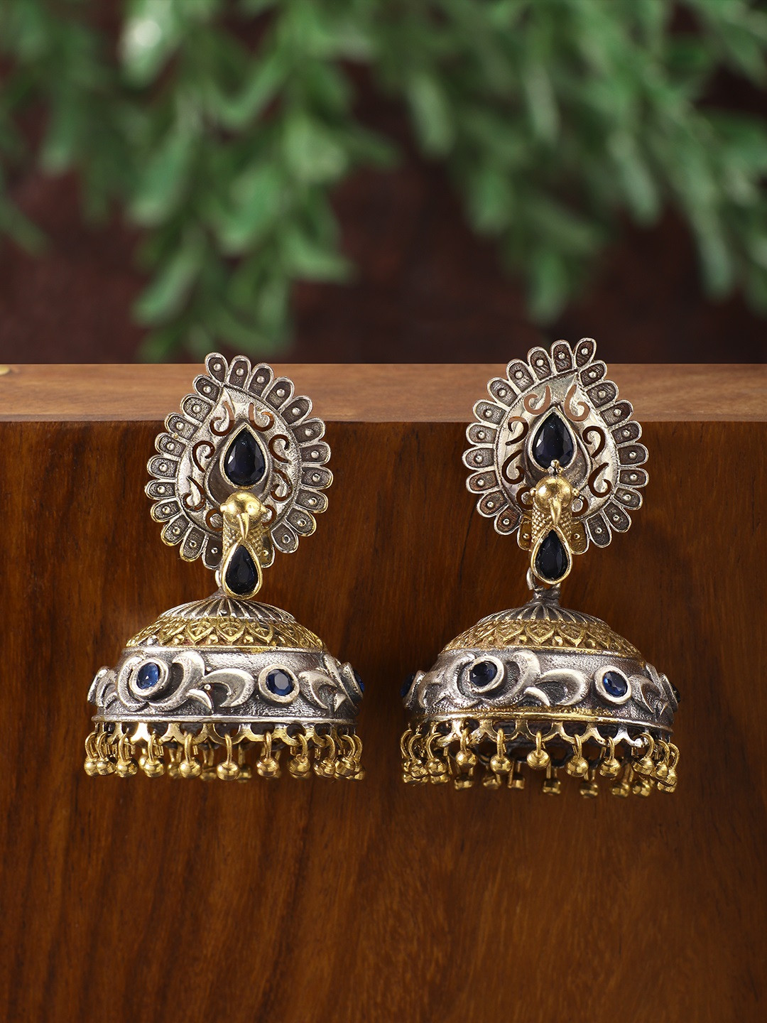 

Peora Women Oxidised Silver-Plated Blue Antique Contemporary Jhumkas
