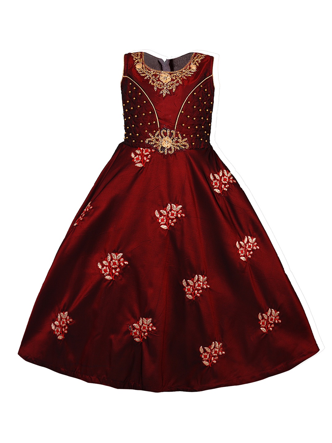 

Wish Karo Girls Maroon & Gold-Toned Embellished Satin Finish Fit and Flare Dress