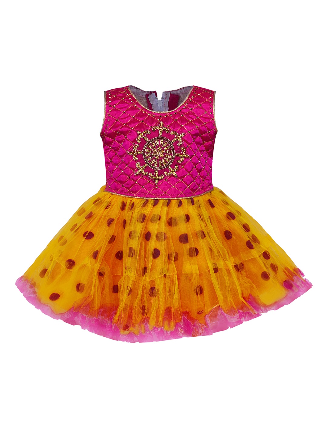 

Wish Karo Girls Mustard Yellow & Pink Net Printed Fit & Flare Dress